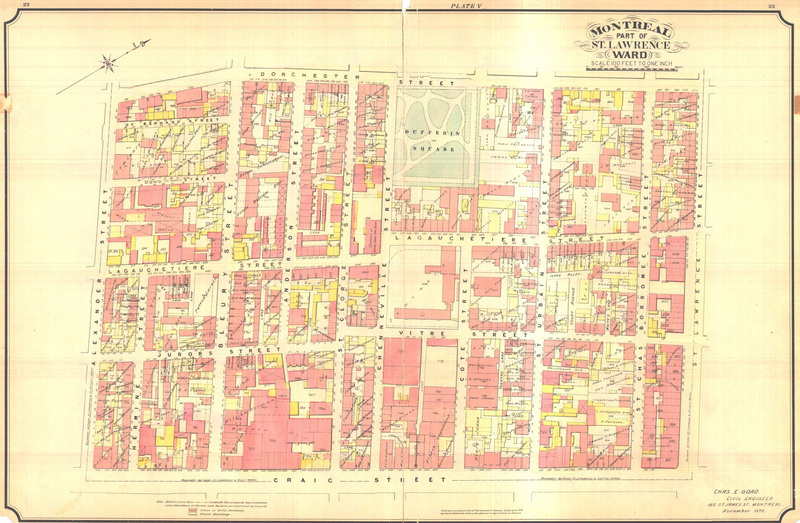 An insurance plan map showing Rue De La Gauchetière, the heart of many early Chinatown businesses and residences.